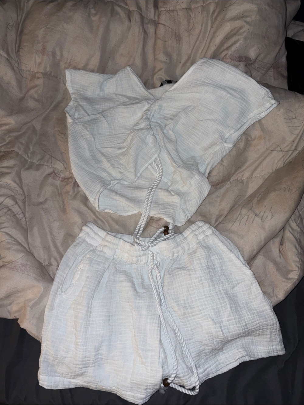 White Two-Piece Gauze Lounge Set - Hooded Crop Top & Shorts